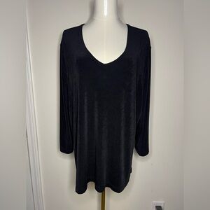 Chicos Tunic Top Womens 4 Black Liquid Knit Drop VNeck 3/4 Sleeve Slinky Casual